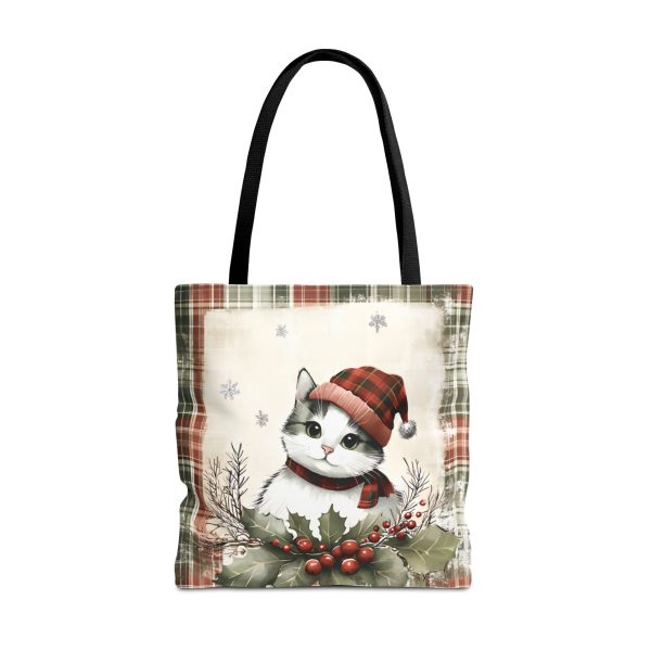 Plaid Holiday Cat Tote Bag - Festive Double-Sided Design