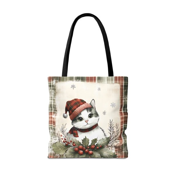 Plaid Holiday Cat Tote Bag - Festive Double-Sided Design - Image 2