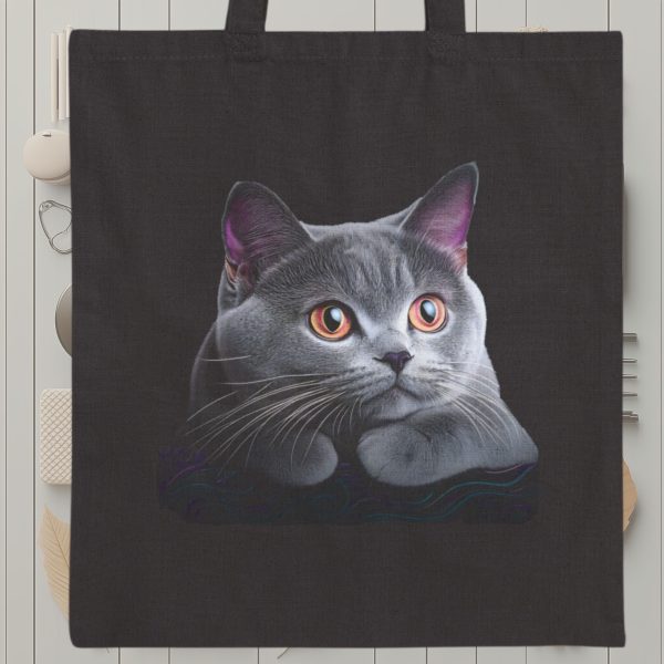 Cats & Beauty Black Tote Bag – Realistic Gray Cat Design - Image 10