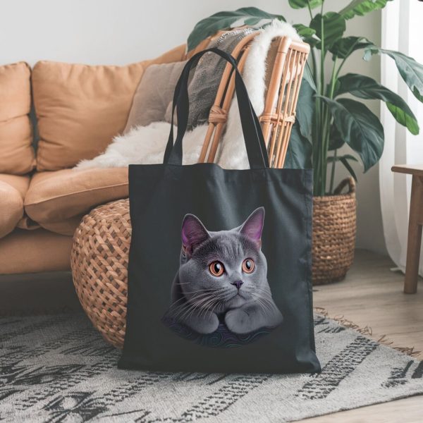 Cats & Beauty Black Tote Bag – Realistic Gray Cat Design - Image 6