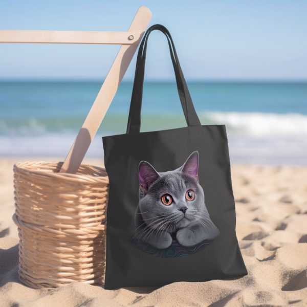 Cats & Beauty Black Tote Bag – Realistic Gray Cat Design - Image 5