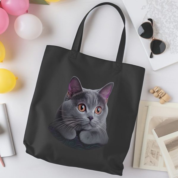 Cats & Beauty Black Tote Bag – Realistic Gray Cat Design - Image 4