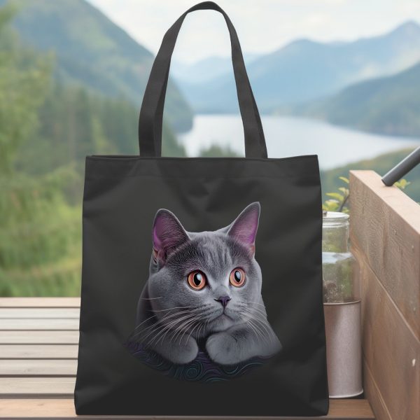 Cats & Beauty Black Tote Bag – Realistic Gray Cat Design