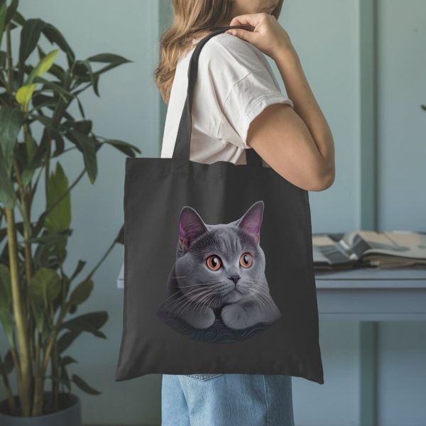 Cats & Beauty Black Tote Bag – Realistic Gray Cat Design - Image 2