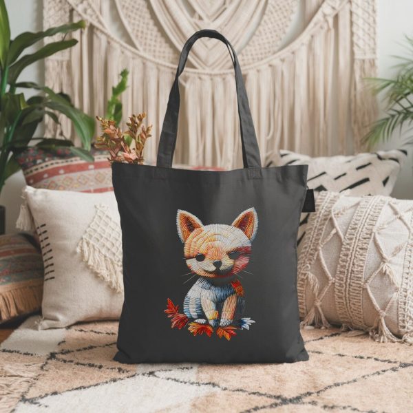 Cats & Beauty Black Tote Bag – Cute Embroidered-Style Kitten Design - Image 6