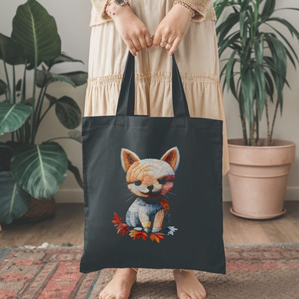 Cats & Beauty Black Tote Bag – Cute Embroidered-Style Kitten Design