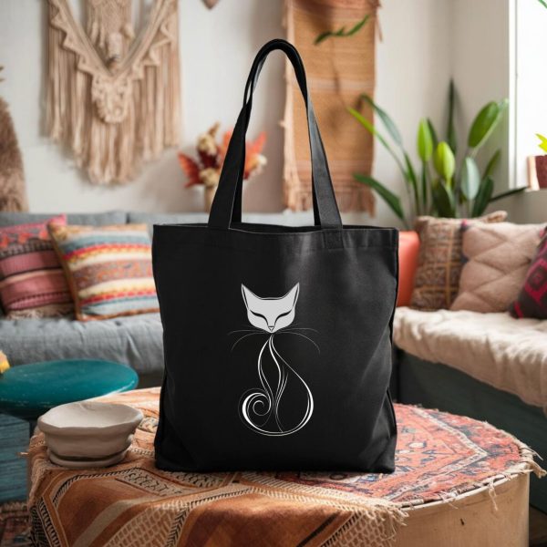 Cats Minimalism Tote Bag - Chic Swirl Cat Silhouette - Image 2