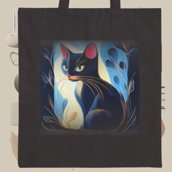 Cats & Beauty Black Tote Bag – Enigmatic Cat with Floral Art - Image 10