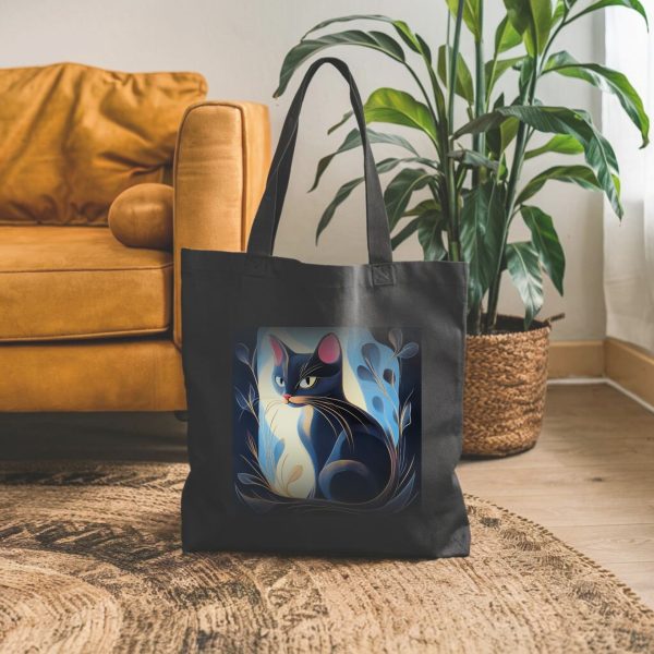 Cats & Beauty Black Tote Bag – Enigmatic Cat with Floral Art - Image 7