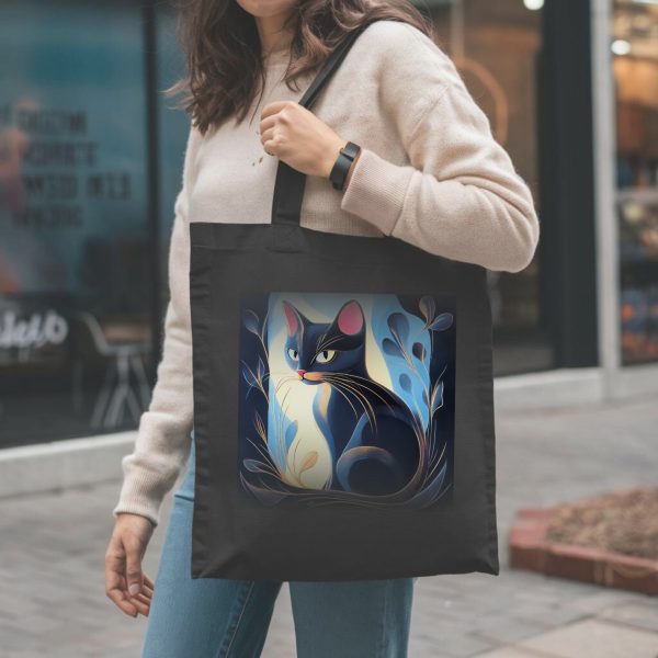 Cats & Beauty Black Tote Bag – Enigmatic Cat with Floral Art - Image 5