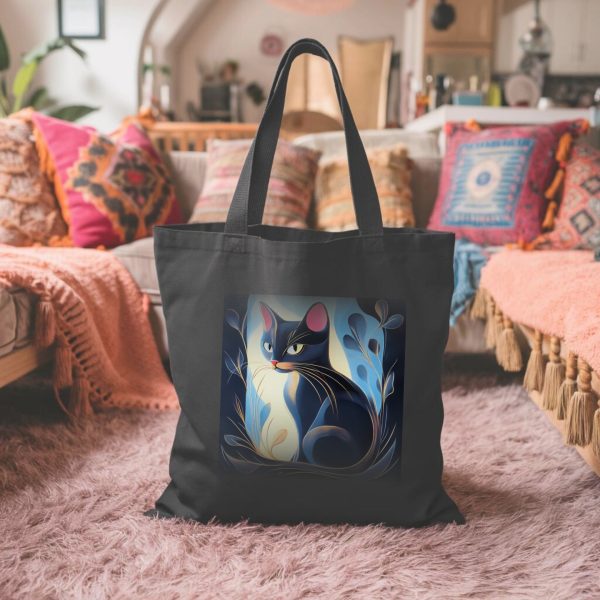 Cats & Beauty Black Tote Bag – Enigmatic Cat with Floral Art - Image 4