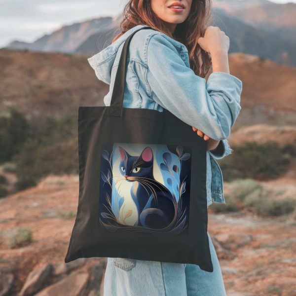 Cats & Beauty Black Tote Bag – Enigmatic Cat with Floral Art