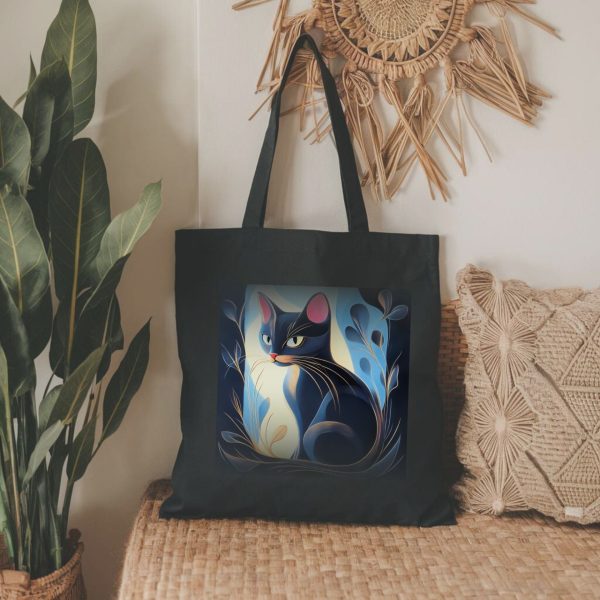 Cats & Beauty Black Tote Bag – Enigmatic Cat with Floral Art - Image 2