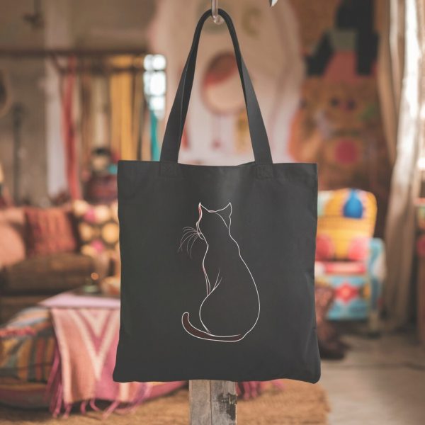 Cats & Beauty Black Tote Bag – Elegant Cat Outline Design - Image 6