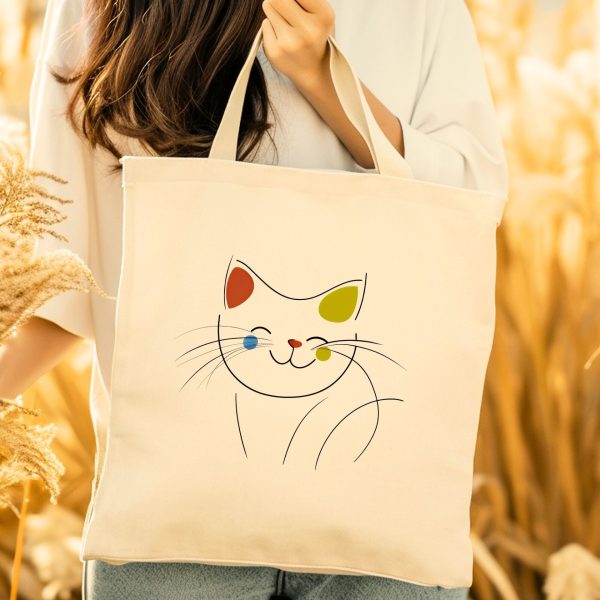 Cats Minimalism Tote Bag - Playful Cat Face with Color Accents - Image 5