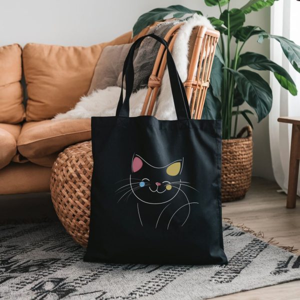 Cats Minimalism Tote Bag - Playful Cat Face with Color Accents - Image 4