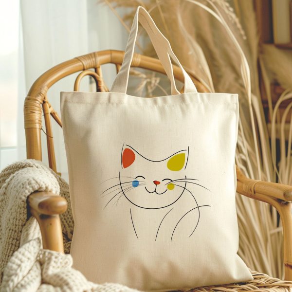 Cats Minimalism Tote Bag - Playful Cat Face with Color Accents