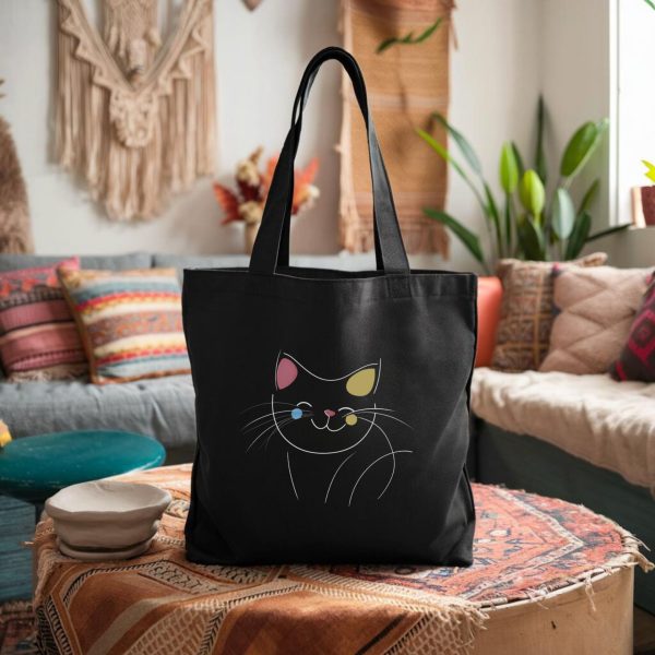 Cats Minimalism Tote Bag - Playful Cat Face with Color Accents - Image 2