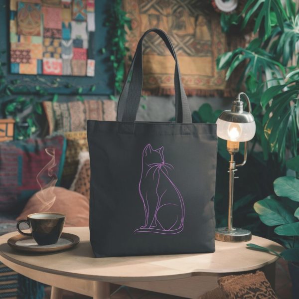 Cats & Beauty Black Tote Bag – Purple Cat Outline Design - Image 6