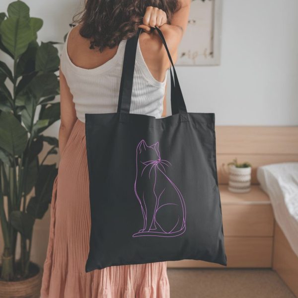 Cats & Beauty Black Tote Bag – Purple Cat Outline Design - Image 5