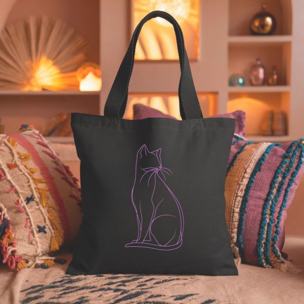 Cats & Beauty Black Tote Bag – Purple Cat Outline Design - Image 4