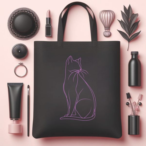 Cats & Beauty Black Tote Bag – Purple Cat Outline Design