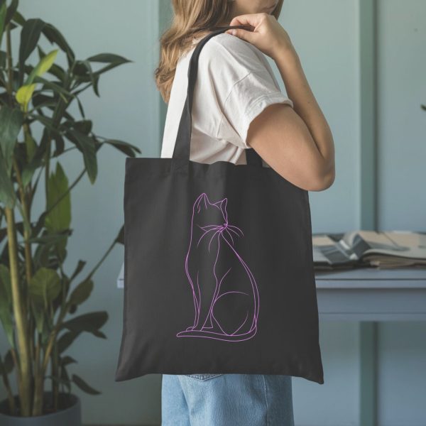 Cats & Beauty Black Tote Bag – Purple Cat Outline Design - Image 2