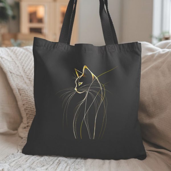 Cats & Beauty Black Tote Bag – Elegant Cat Profile with Golden Accents - Image 6