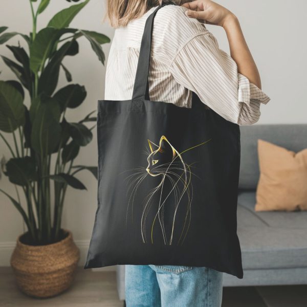 Cats & Beauty Black Tote Bag – Elegant Cat Profile with Golden Accents - Image 5