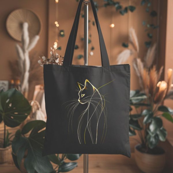 Cats & Beauty Black Tote Bag – Elegant Cat Profile with Golden Accents - Image 4