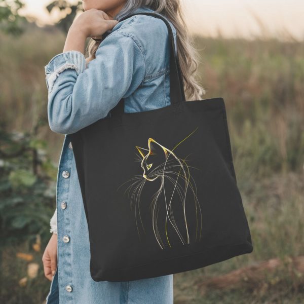 Cats & Beauty Black Tote Bag – Elegant Cat Profile with Golden Accents