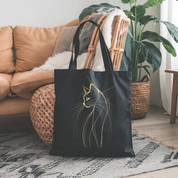 Cats & Beauty Black Tote Bag – Elegant Cat Profile with Golden Accents - Image 2