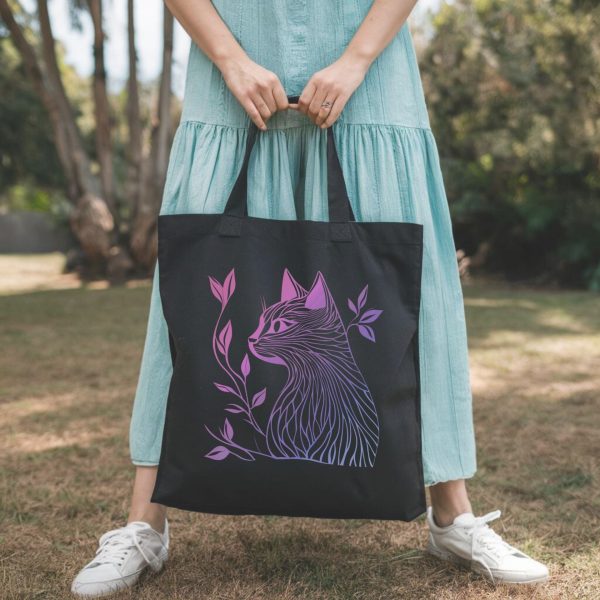 Cats & Beauty Black Tote Bag – Vibrant Cat Profile with Floral Elements in Pink and Purple - Image 9