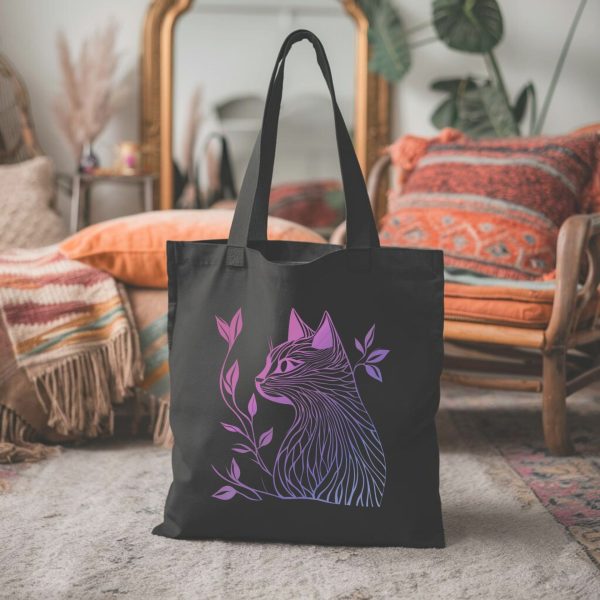 Cats & Beauty Black Tote Bag – Vibrant Cat Profile with Floral Elements in Pink and Purple - Image 8