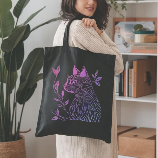 Cats & Beauty Black Tote Bag – Vibrant Cat Profile with Floral Elements in Pink and Purple - Image 7