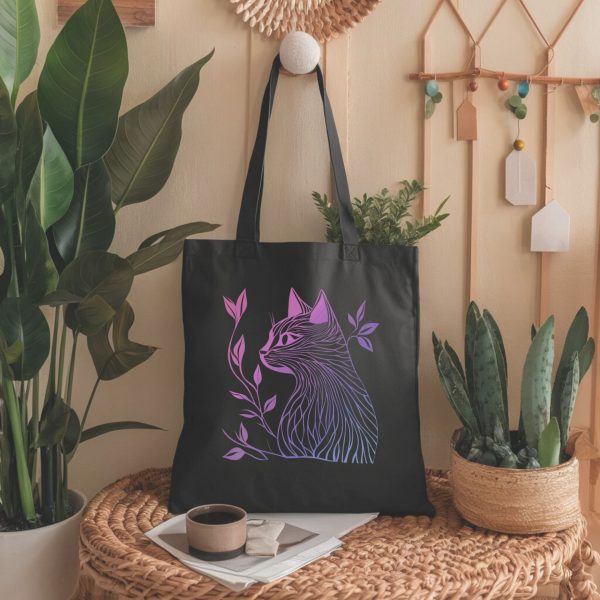 Cats & Beauty Black Tote Bag – Vibrant Cat Profile with Floral Elements in Pink and Purple - Image 6