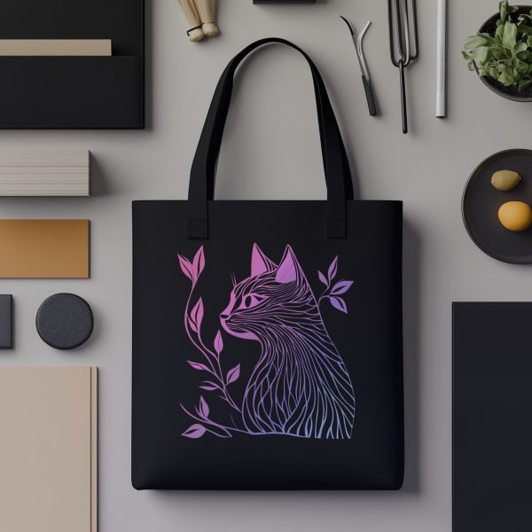 Cats & Beauty Black Tote Bag – Vibrant Cat Profile with Floral Elements in Pink and Purple