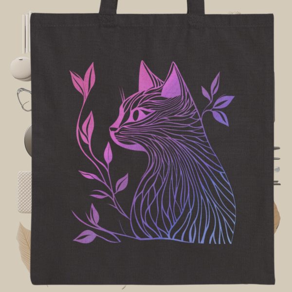 Cats & Beauty Black Tote Bag – Vibrant Cat Profile with Floral Elements in Pink and Purple - Image 4