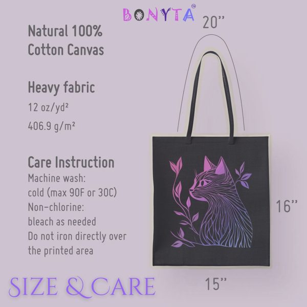 Cats & Beauty Black Tote Bag – Vibrant Cat Profile with Floral Elements in Pink and Purple - Image 3