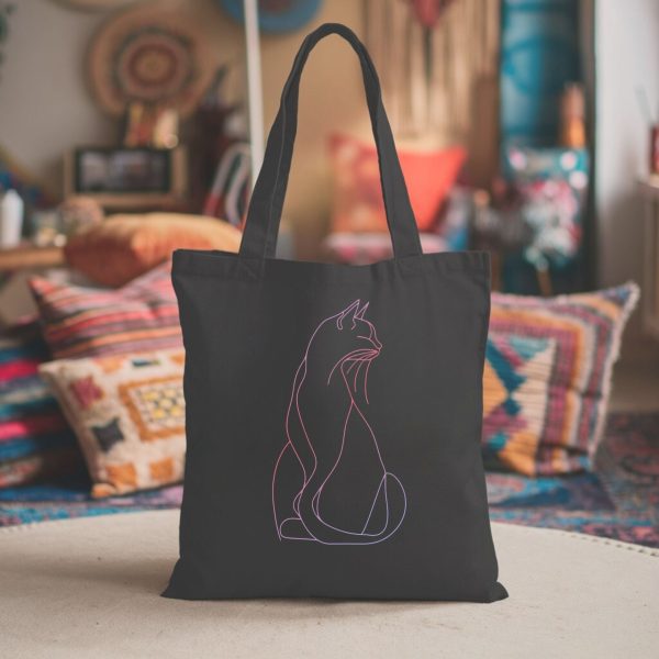 Cats & Beauty Black Tote Bag – Elegant Cat Outline in Gradient Pink and Purple - Image 6