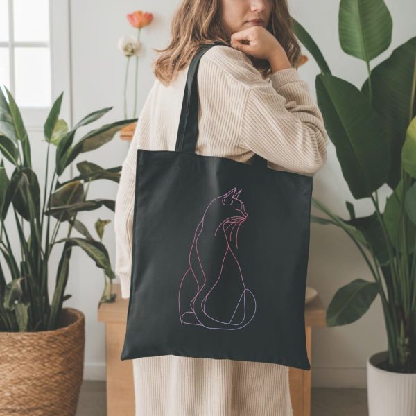 Cats & Beauty Black Tote Bag – Elegant Cat Outline in Gradient Pink and Purple - Image 5