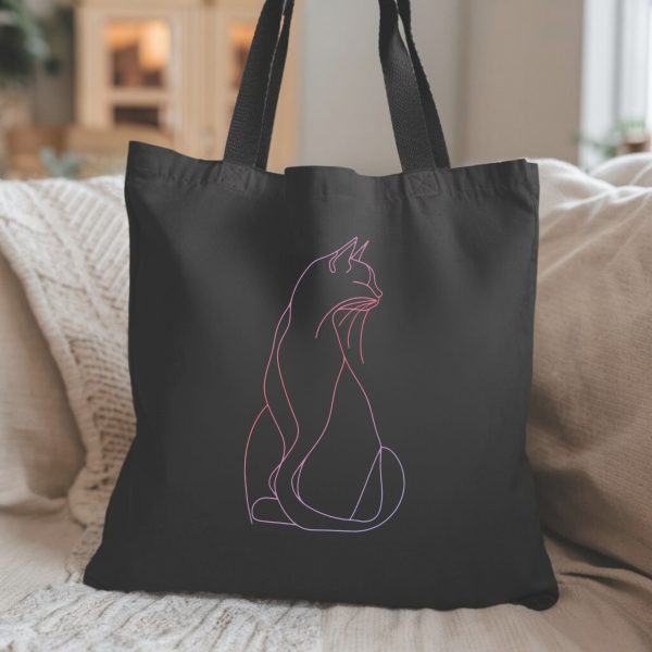 Cats & Beauty Black Tote Bag – Elegant Cat Outline in Gradient Pink and Purple