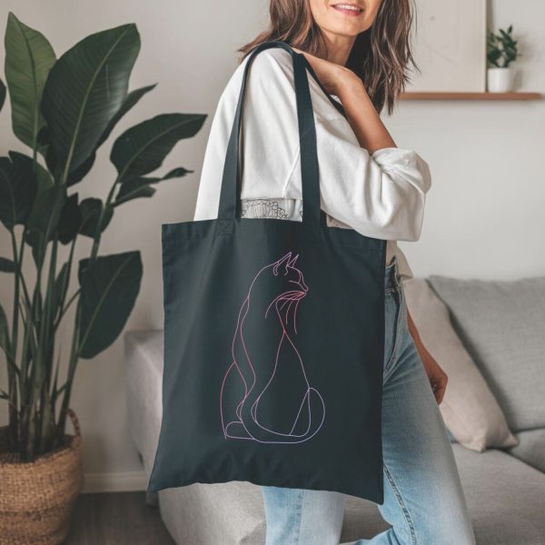 Cats & Beauty Black Tote Bag – Elegant Cat Outline in Gradient Pink and Purple - Image 2