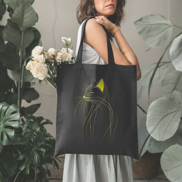 Cats & Beauty Black Tote Bag – Elegant Cat Outline with Yellow Accent