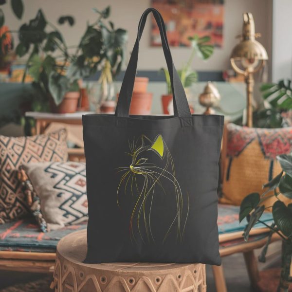 Cats & Beauty Black Tote Bag – Elegant Cat Outline with Yellow Accent - Image 2