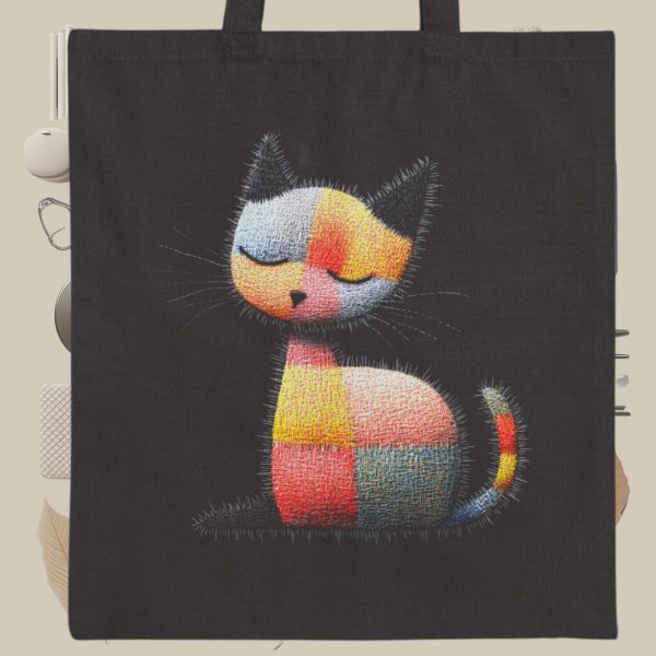 Cats & Beauty Black Tote Bag – Playful Patchwork Cat Design - Image 9