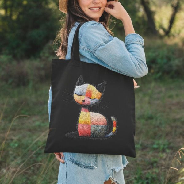 Cats & Beauty Black Tote Bag – Playful Patchwork Cat Design