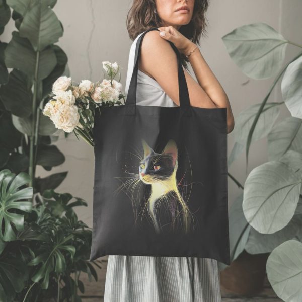 Cats & Beauty Black Tote Bag – Enigmatic Cat Portrait Design - Image 2