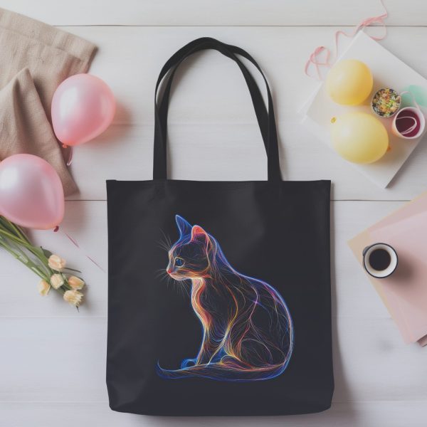 Cats & Beauty Black Tote Bag – Neon Cat Silhouette Design - Image 6