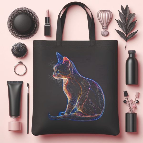 Cats & Beauty Black Tote Bag – Neon Cat Silhouette Design - Image 5